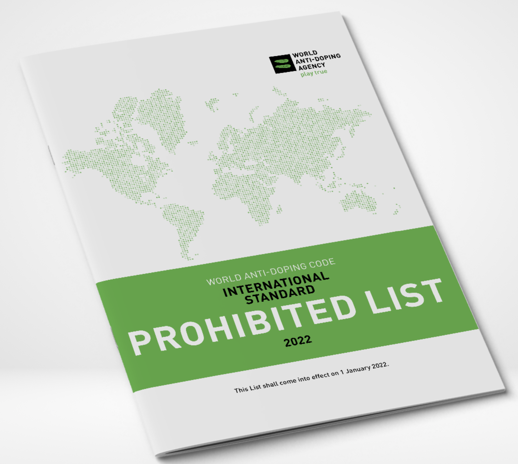 Cover of the 2022 World Anti-Doping Agency International Standard Prohibited List booklet with a green world map.